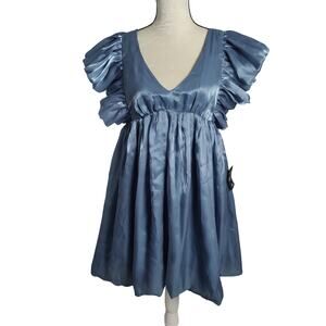 NWT Lulus Sz L Sensational Shimmer Shiny Slate Blue Ruffled Babydoll Mini Dress